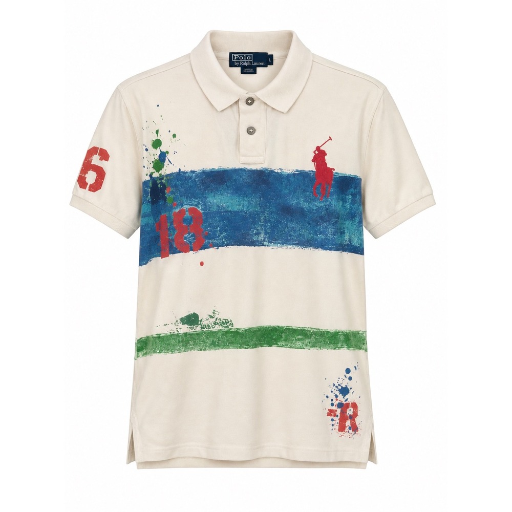 Polo Ralph Lauren Mens L Big Pony Paint Splatter Graphic Polo Shirt 2012 Cream